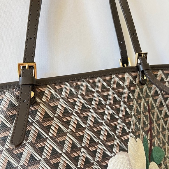 LANCASTER PARIS TOTE LG IKON COATED CANVAS FLORAL STITCHING ADJ STRAPS BROWN - Picture 7 of 11